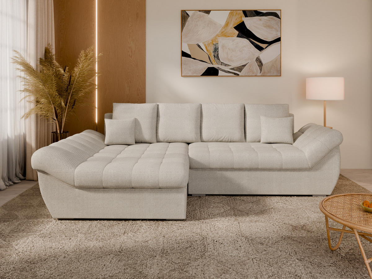 ECKSOFA ZAYA mit Schlaffunktion L-Form, Sofa mit Bettkasten, Wohnzimmersofa, Couch, Soffa, Bettsofa, LINKS- Creme - Creme, Holz (279/175cm) - Homesy