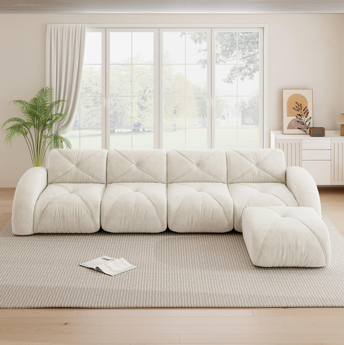 ECKSOFA 358/171/76 cm hellbeige aus Chenille mit modularem Aufbau und Hocker - Beige, Textil (171/358cm) - OKWISH
