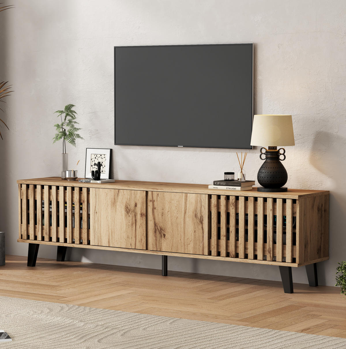 TV stolek 180/40/55 cm s 8 úložnými prostory, otevřenou policí a stabilní pětinohou konstrukcí, Přírodní dřevo / černá - světle hnědá, kompozitní dřevo (180/55/40cm) - Redom