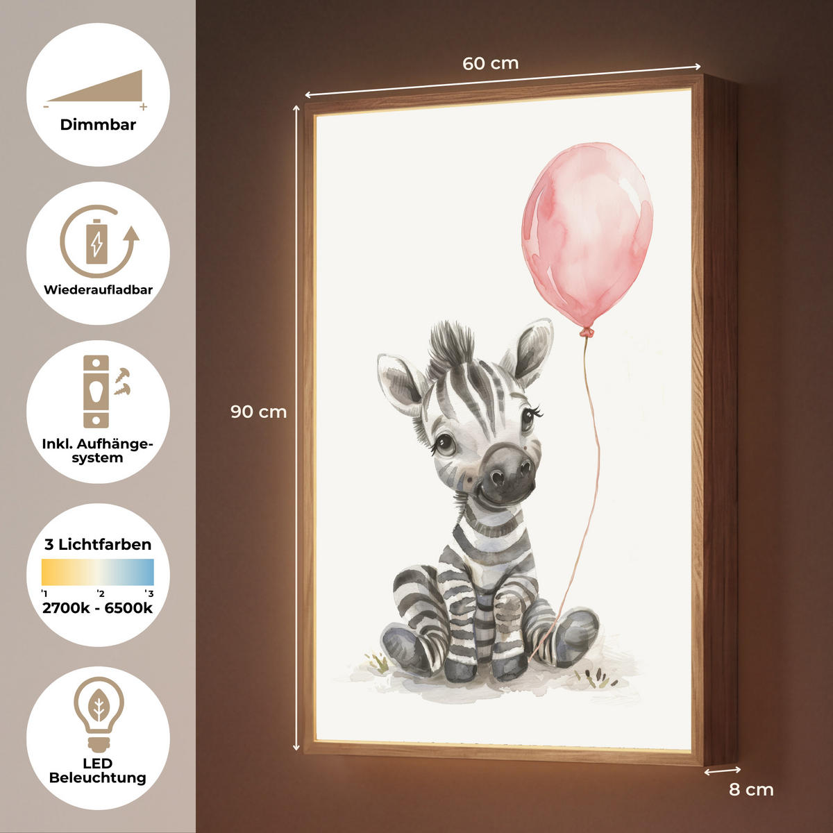 DOBÍJECÍ NOČNÍ LAMPIČKA Zebra - Dítě - Zvířata - Růžový balónek 60x90 cm - bílá, kompozitní dřevo (8/60/90cm) - OnlyWow