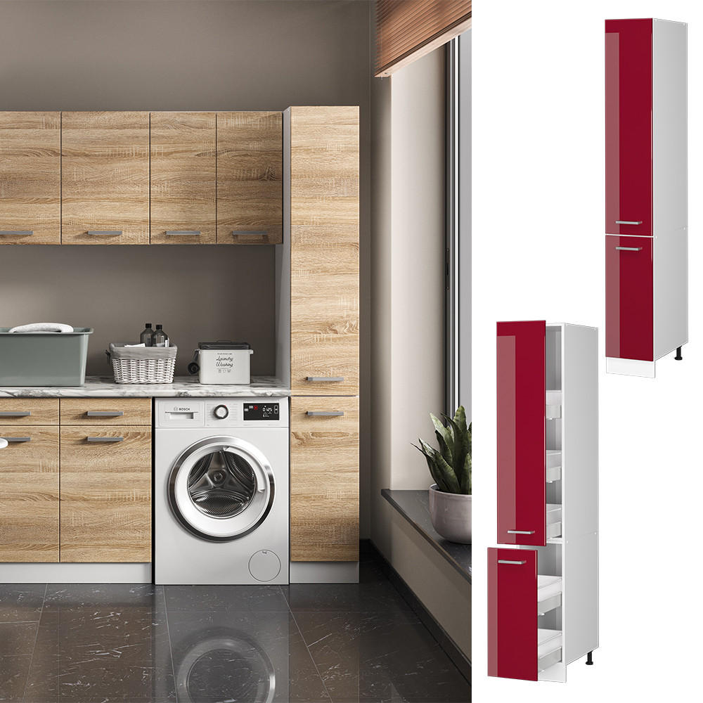 HOCHSCHRANK R-Line Bordeaux Hochglanz 30 cm mit Türen - Bordeaux/Weiß, Holzwerkstoff (30/207/57.2cm) - Vicco