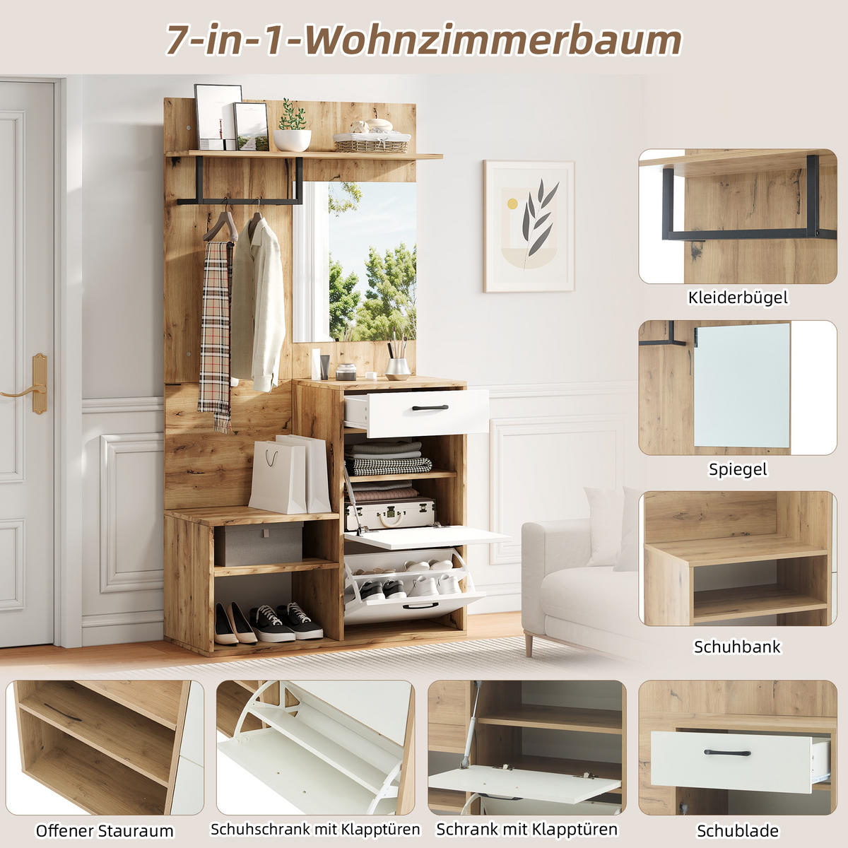DIELENGARDEROBE mit Spiegel und Sitzbank 100/38,5/190 cm in Weiß/Natur - Weiß, Holzwerkstoff (100/190/38.5cm) - BEAOK