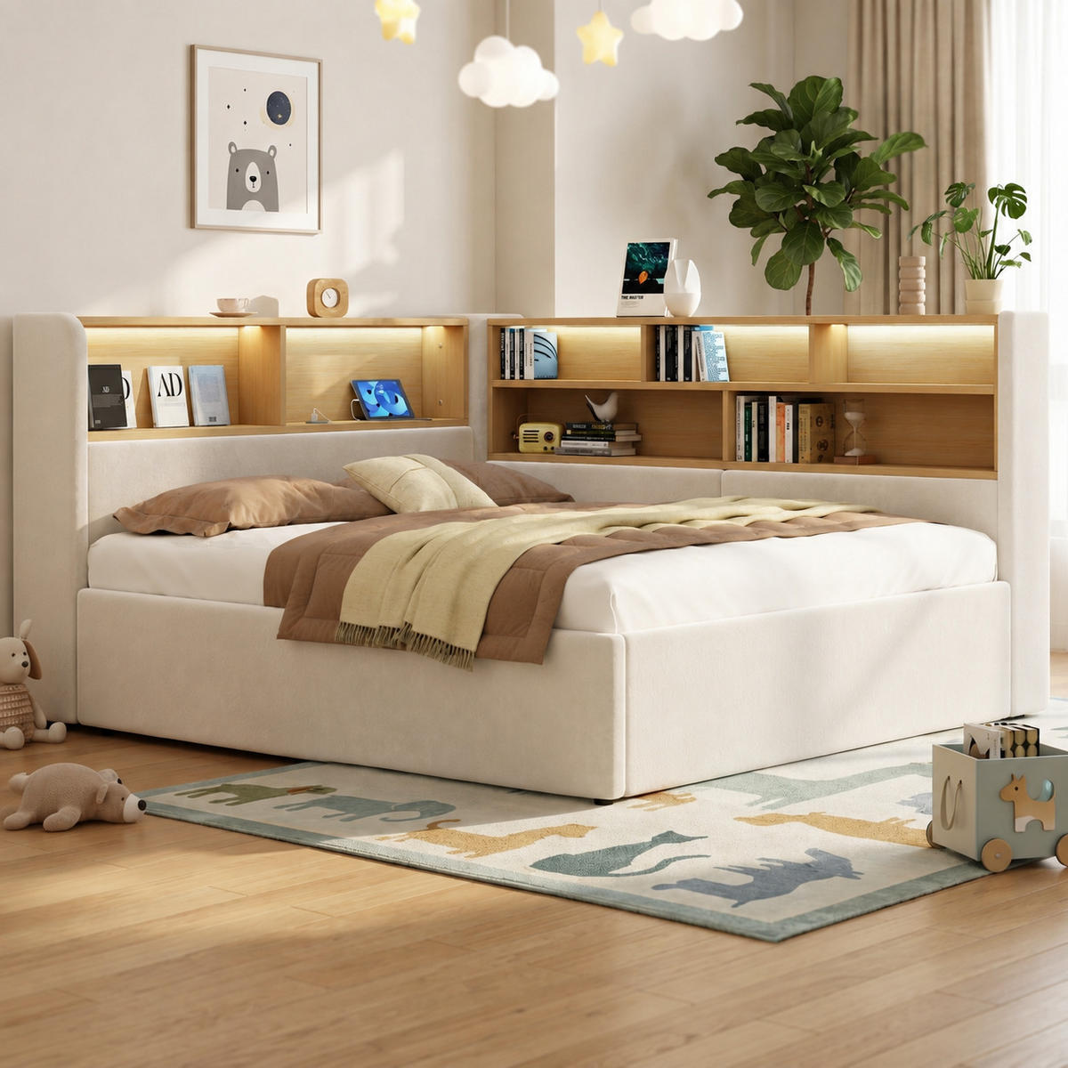 DAYBETT 140x200 cm Beige Samt mit LED und USB - Beige, Textil (140/200cm) - FLIEKS