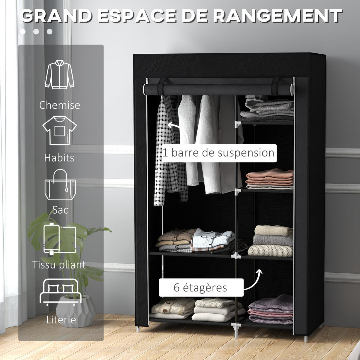 STOFFSCHRANK DE-17172 6 Böden & Kleiderstange Schwarz - Schwarz, Metall (43/162.5/103cm) - ComfortXL