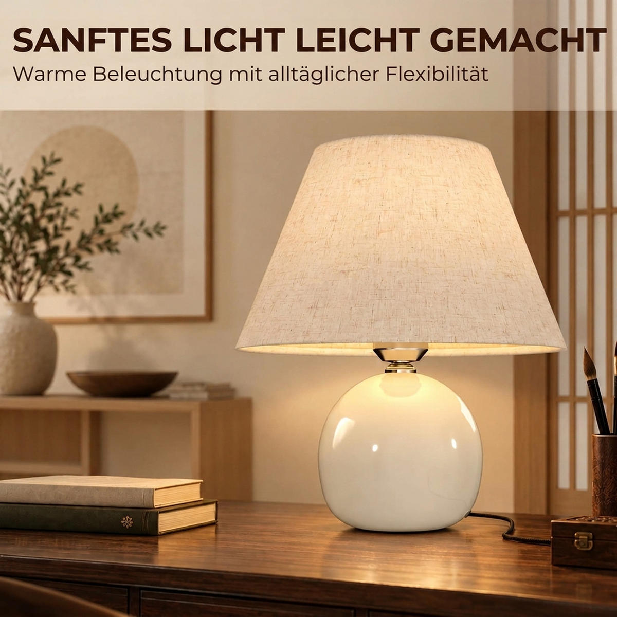 TISCHLAMPE Keramik Leinenoptik Cremeweiß - Creme, Keramik (25/25/27cm) - HOMCOM