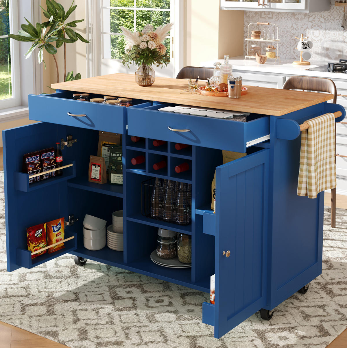 KÜCHENINSEL 102/45/92 cm blau aus MDF/Metall mit Rollen - Blau, Holzwerkstoff (102/92/45cm) - OKWISH