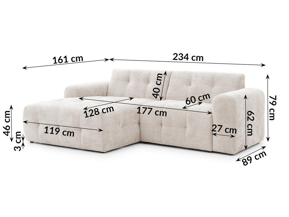 ECKSOFA inkl. Hocker Kozy im Bumpy-Design mit Schlaffunktion und fester Rückenlehne aus weichem Beige Chenille-Stoff - Ottomane links - Beige/Creme, Holz/Kunststoff (161/234cm) - S-Style Möbel