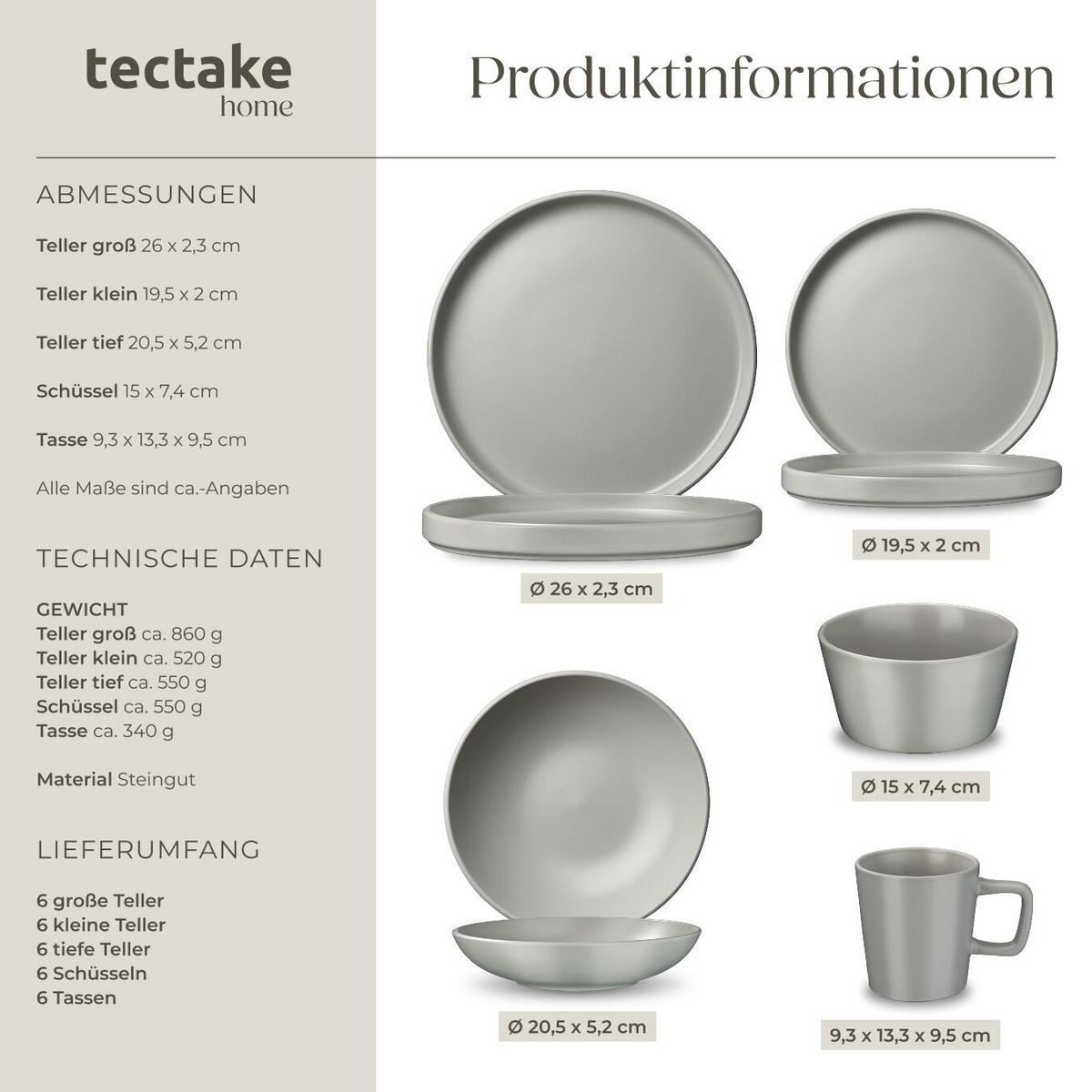KOMBISERVICE Una, ineinander stapelbar, grau - Grau, Keramik (26/2.3/26cm) - tectake