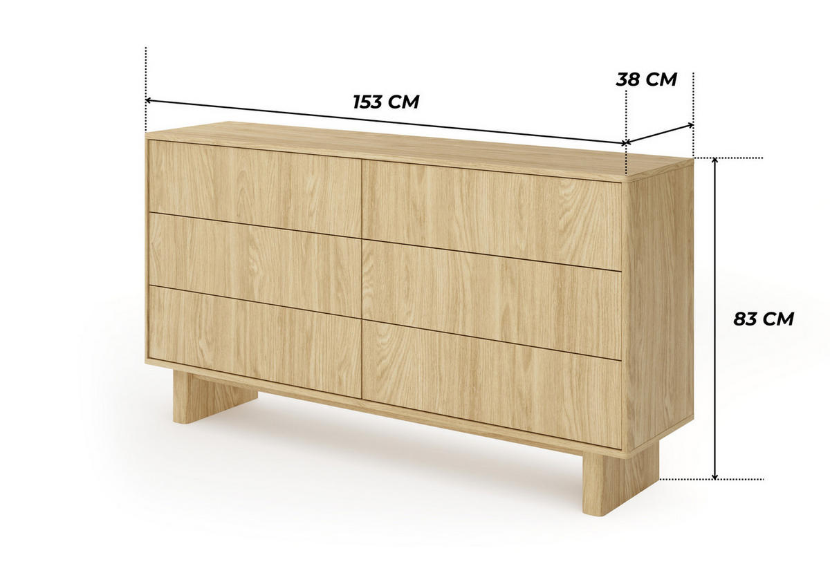 KOMMODE VIRONE (Geölte Eiche, 6 Schubladen, Vollauszug, Push-to-Open) - Eichefarben, Holz/Holzwerkstoff (153/83/38cm) - Ravio