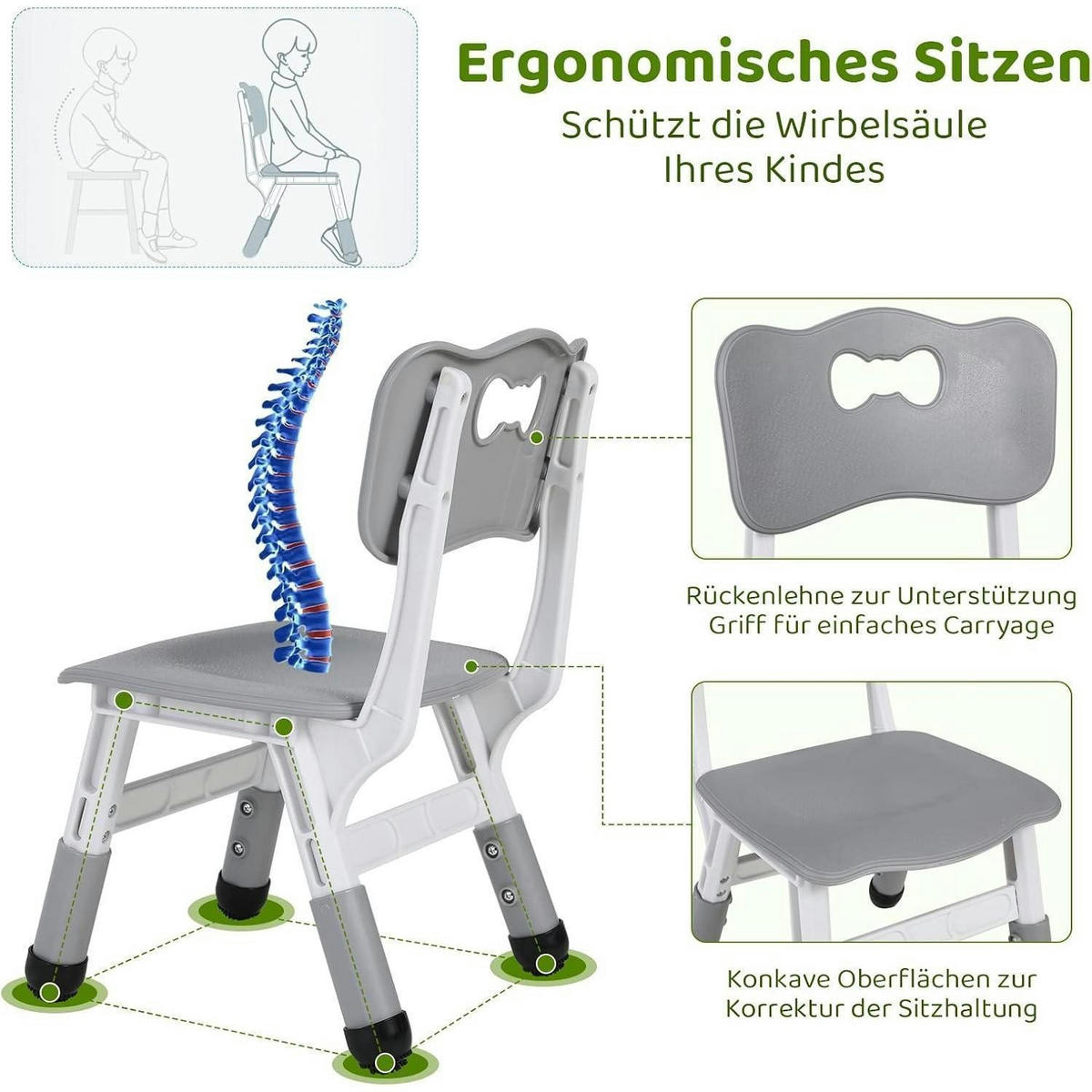 KINDERTISCH- und Stuhl-Set 5-teilig Höhenverstellbar Grau 120 x 60 cm - Grau, Kunststoff (60/60/120cm)