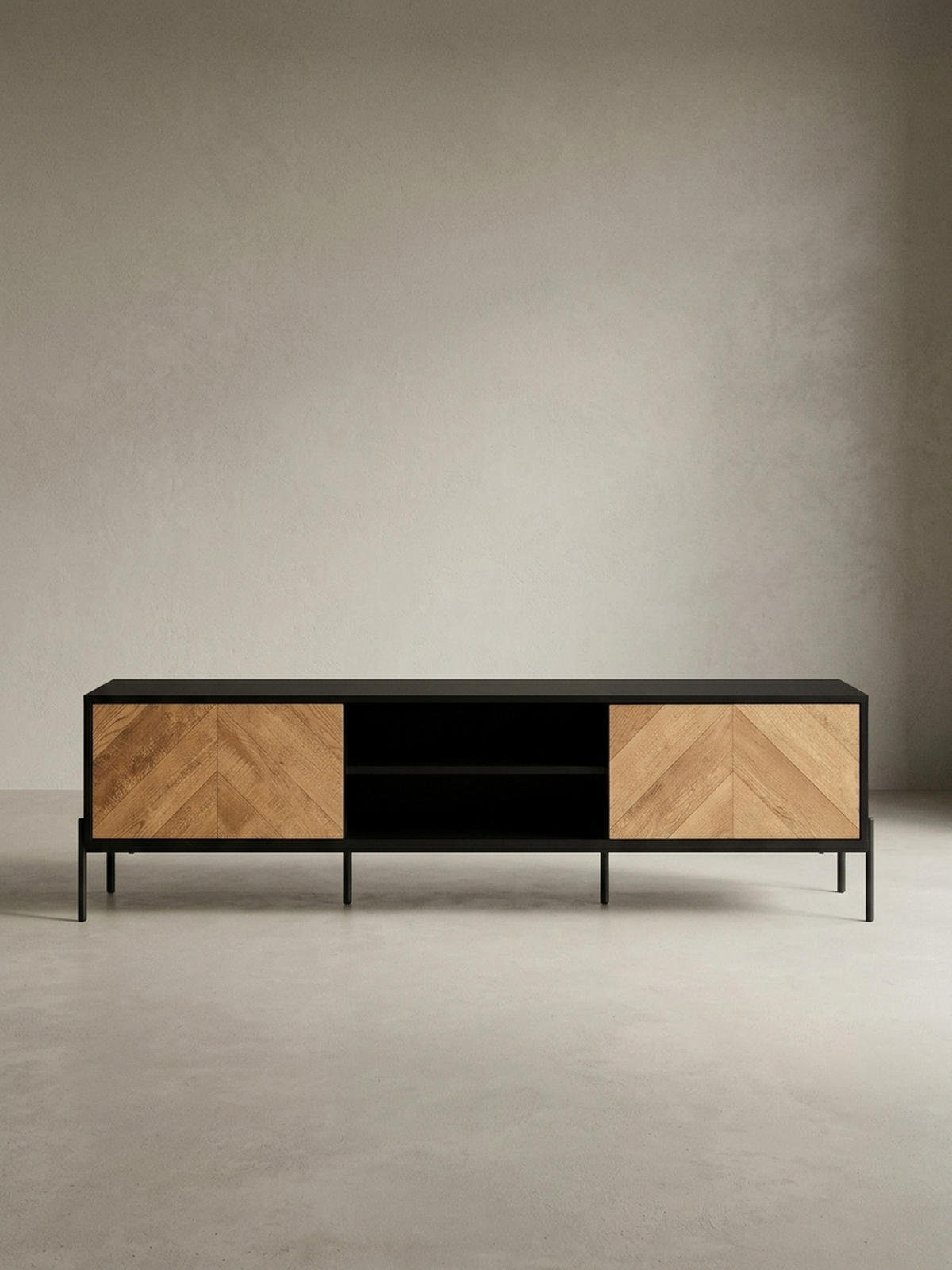 LOWBOARD Modern Stil mit V-Muster für 70-Zoll Fernseher - Schwarz, Holz/Metall (163/45/40cm) - KADIMA DESIGN