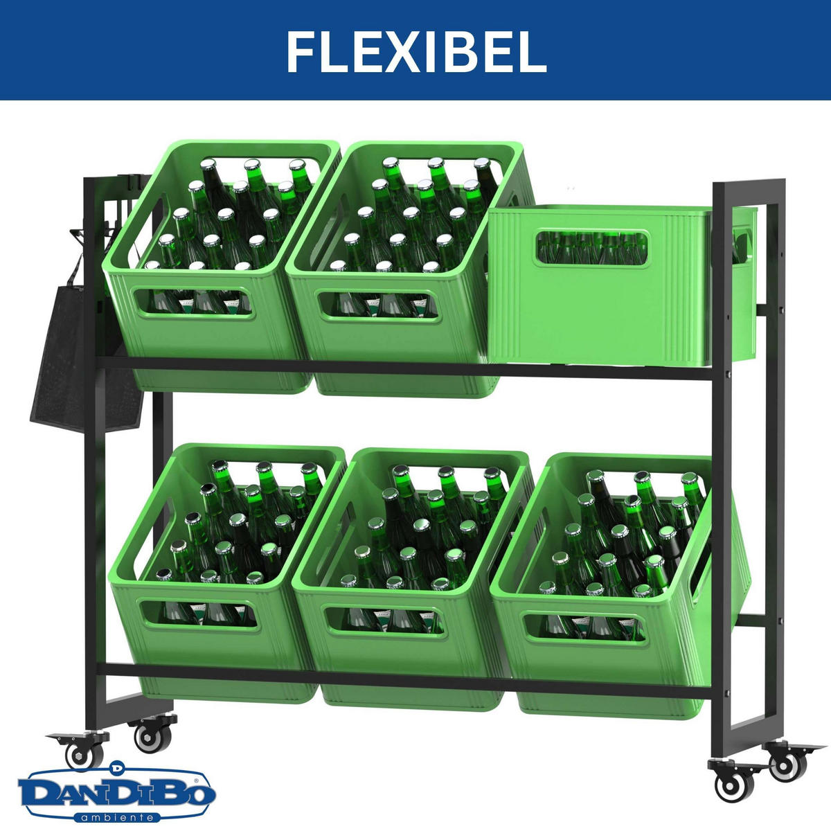 GETRÄNKEKISTENREGAL 6 Kisten mit Gitter Haken Rollen Metall Schwarz - Schwarz, Metall (110/97/32cm) - DanDiBo