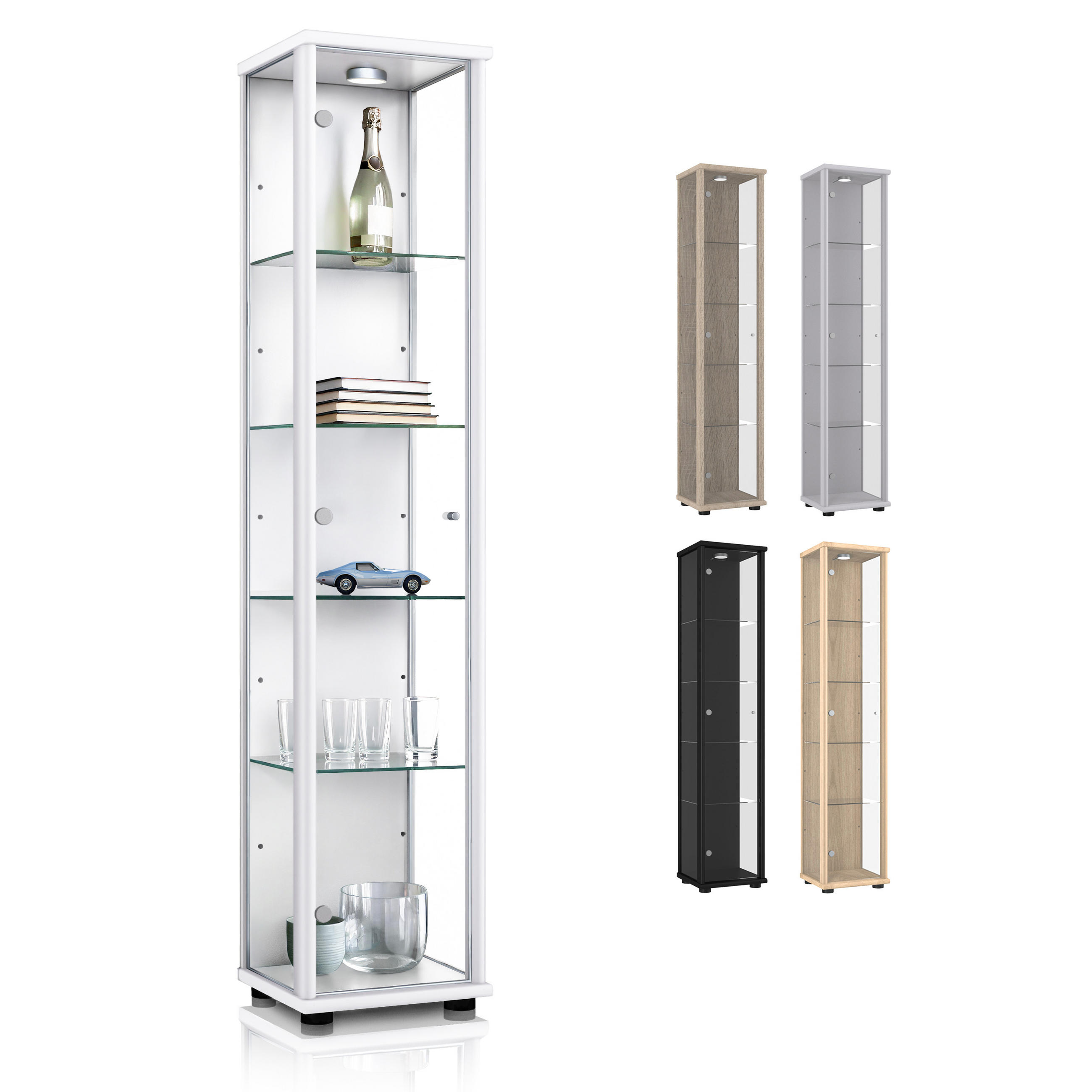 GLASVITRINE 33/37/176 cm mit LED & 4 höhenverstellbaren Glasböden - Transparent/Silberfarben, Glas/Holzwerkstoff (37/176/33cm) - K-Möbel