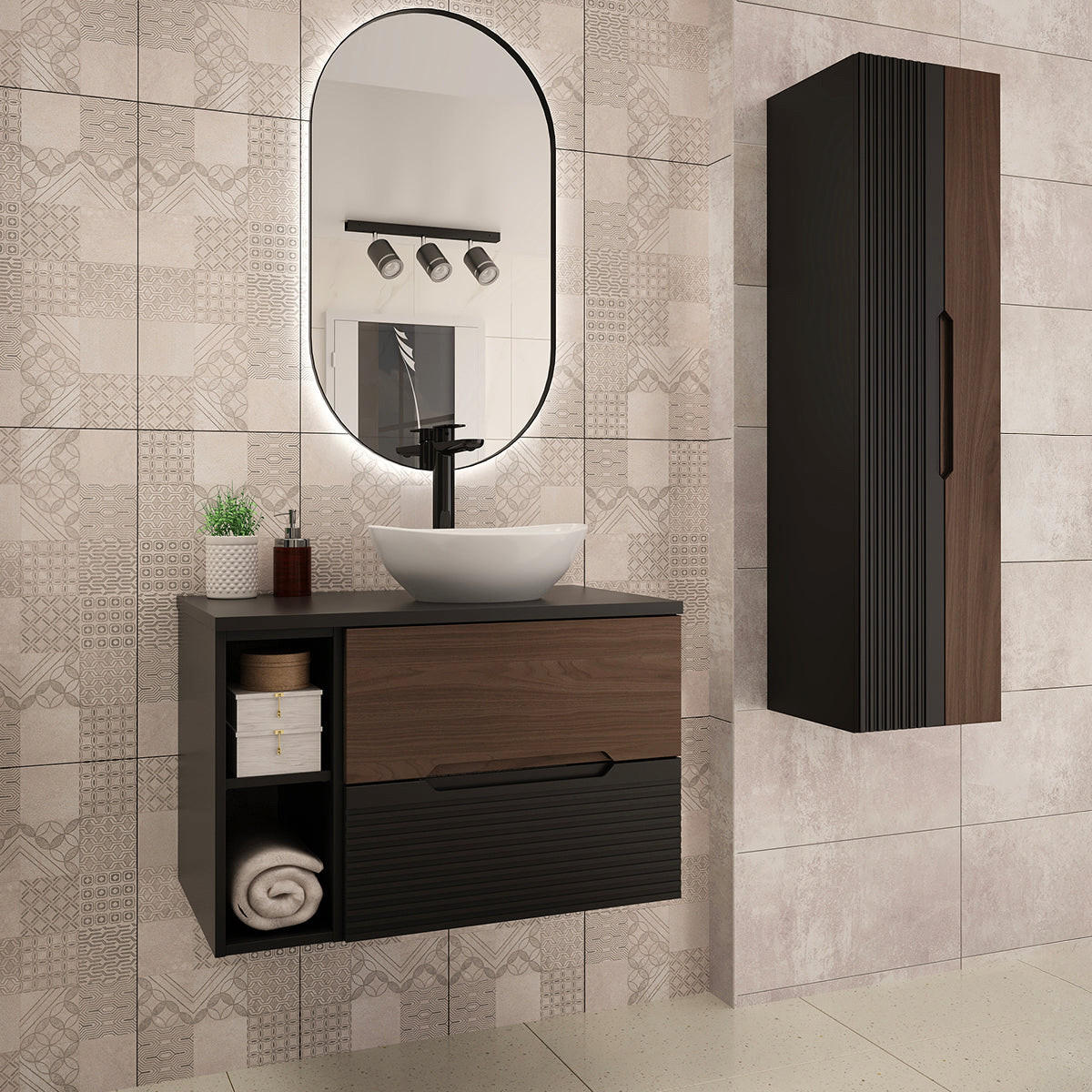 BADMÖBEL 80.6cm Sylla 2er-Set Schwarz und Holz - Schwarz, Holzwerkstoff (80.6/52.2/45.8cm) - Petits-meubles