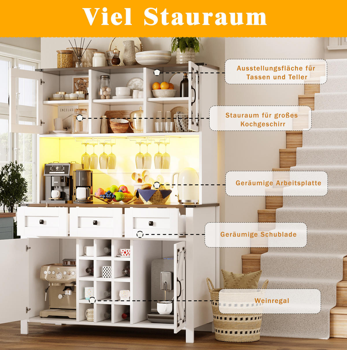 HOCHSCHRANK 120/40/170 cm mit LED-Beleuchtung, Steckdosenleiste, USB und Weinglashalter aus MDF und Glas, Weiß - Weiß, Holzwerkstoff (120/170/40cm) - Redom