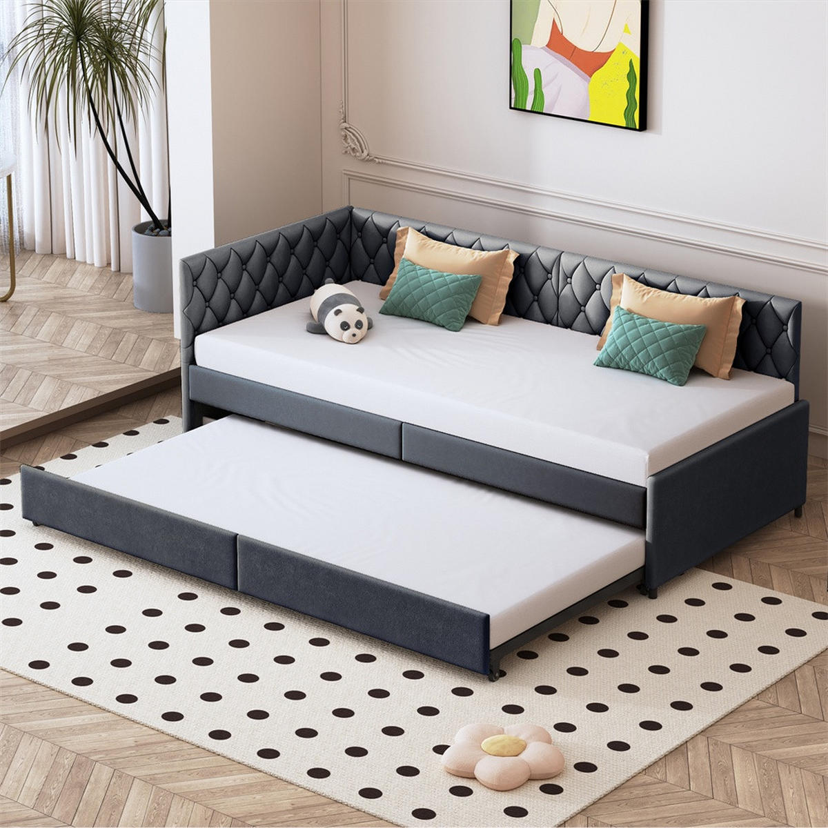 POLSTERBETT 90x200 cm mit Ausziehbares Bettgestell - Kopfteil im Nieten-Design - ohne Matratze - Samtstoff - Grau - Grau, Textil (90/200cm) - DELFA