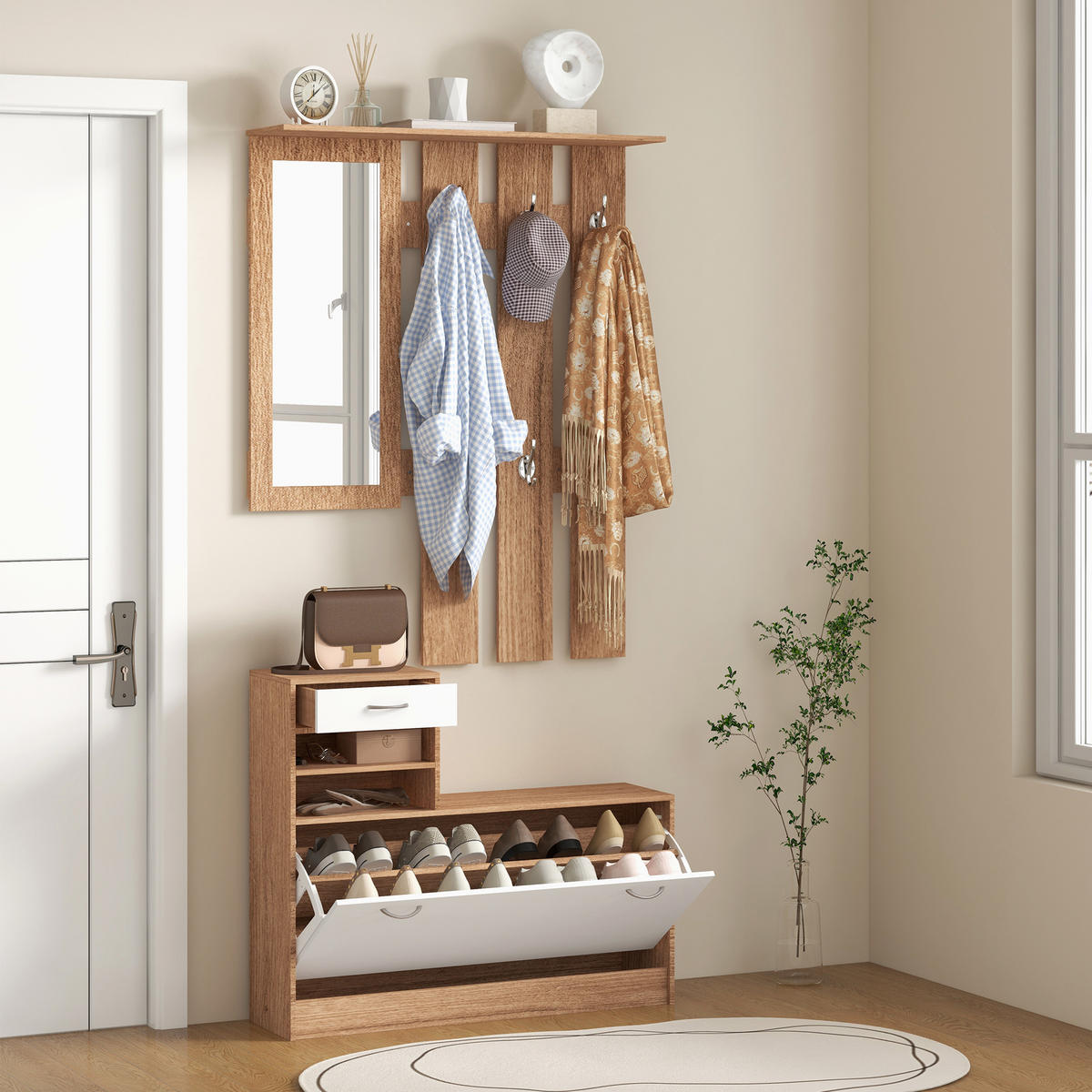 GARDEROBE DE-16812 3-in-1 mit Spiegel, 6 Haken & Schuhbank - Walnussfarben, Holzwerkstoff (10/102/90cm) - ComfortXL
