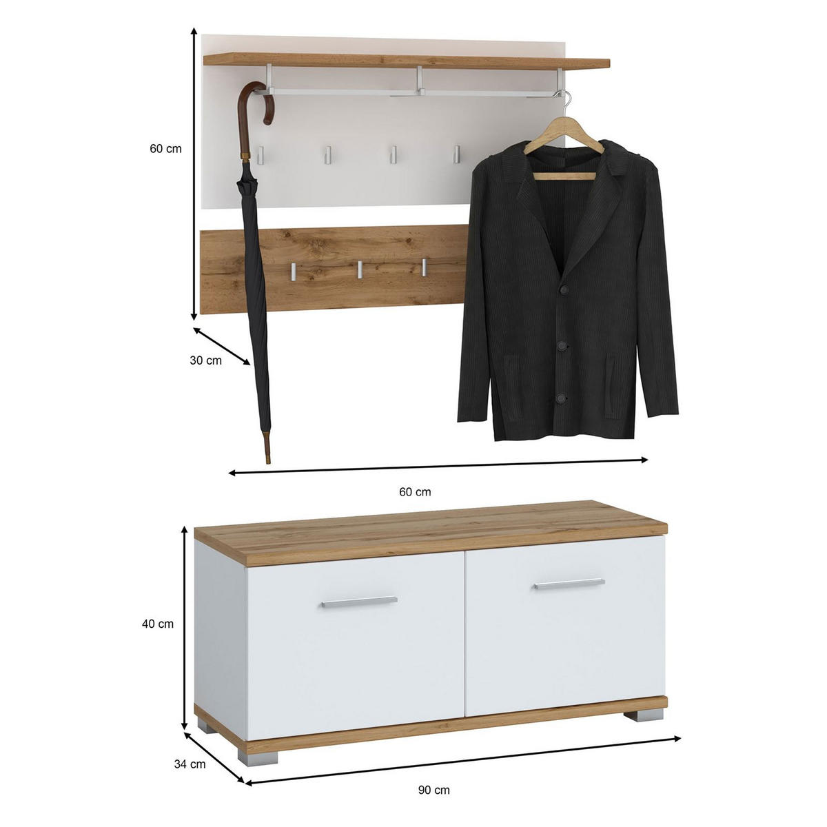 GARDEROBENSET BILBAO Wotan Eiche/weiß - Eiche Wotan/Weiß, Holzwerkstoff (90/60/34cm) - CARO-Möbel