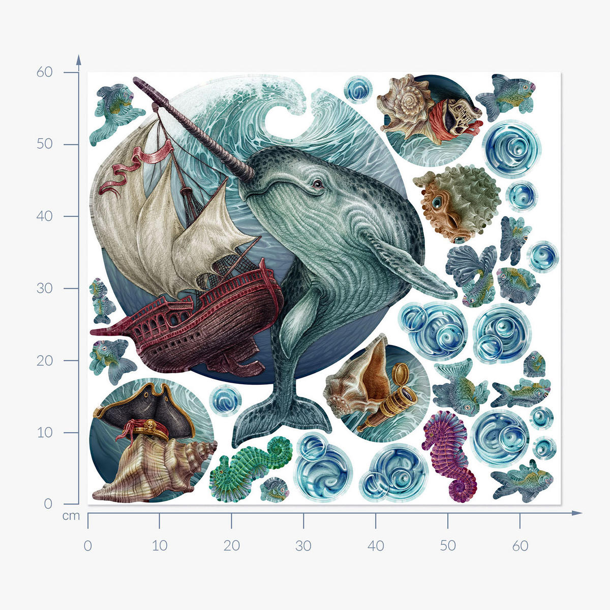 WANDAUFKLEBER 60x66cm - Meerestiere - Multicolor, Kunststoff (60/66/0.1cm) - Wallfluent
