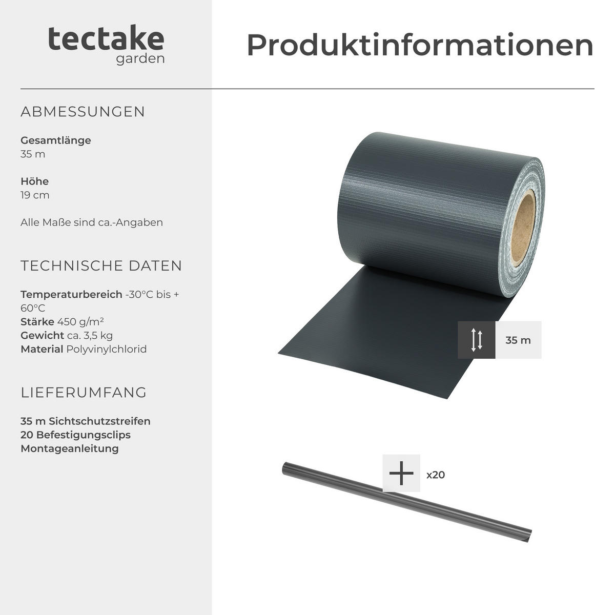 SICHTSCHUTZSTREIFEN ,leichte Montage, inklusive Befestigungsclips,anthrazit - Anthrazit, Kunststoff (3500/19cm) - tectake
