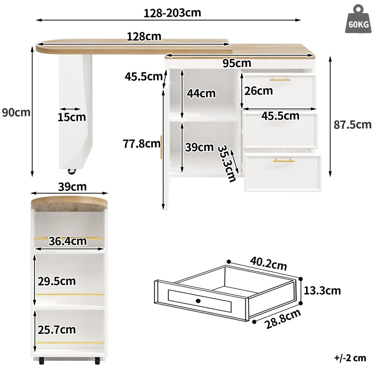 BARTISCH 128-203/39/90 cm mit 360°-Drehfunktion, 3 Schubladen und verstellbaren Regalböden, MDF/Metall, Weiß - Weiß, Holzwerkstoff (39/203/90cm) - Redom