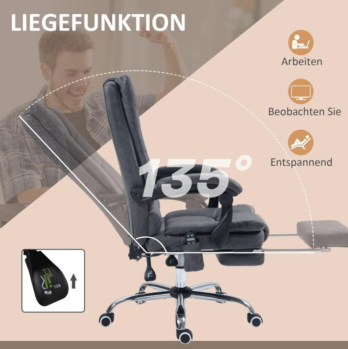 BÜROSTUHL mit Massagefunktion höhenverstellbar Dark Grey - Dunkelgrau, Kunststoff (70/118/64cm) - Meubliv