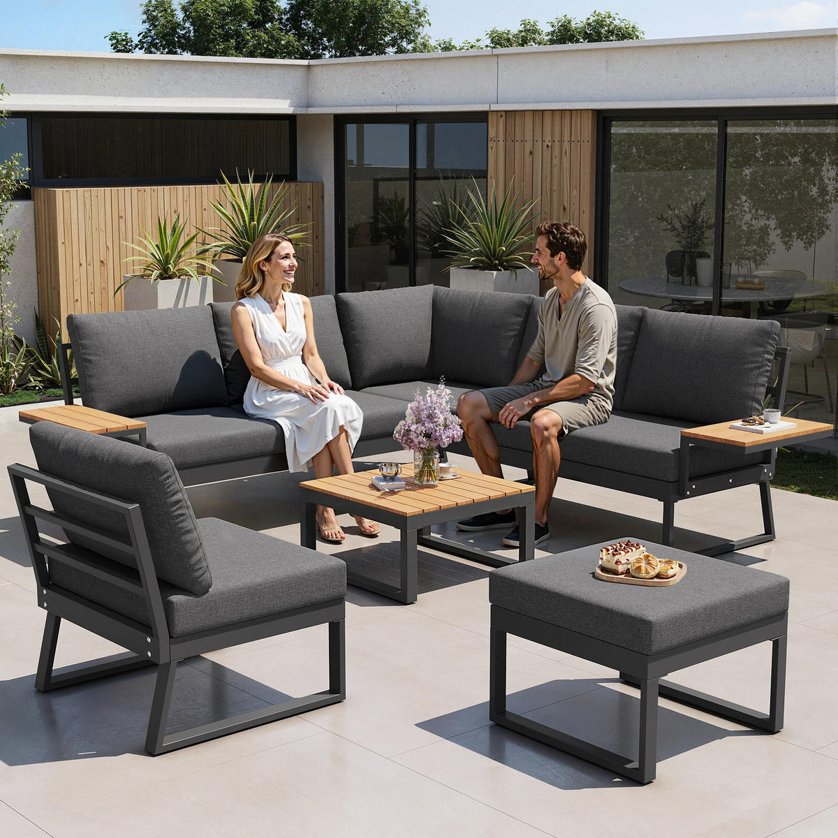 DINING-LOUNGESET L-Shaped 7-Person, inkl. Tisch & Hocker - Beige, Textil - Kaket