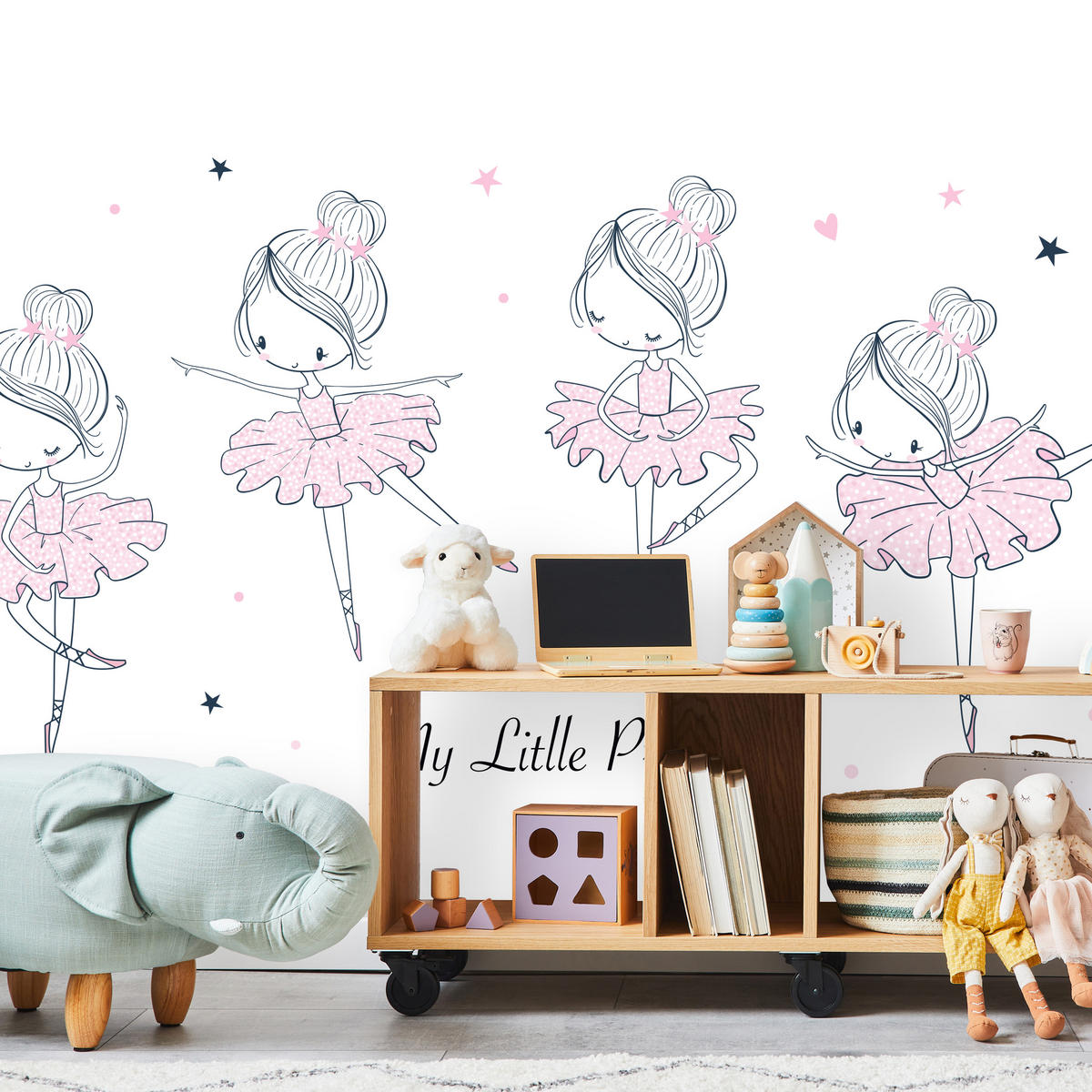 FOTOTAPETE für Kinderzimmer Kleine Ballerinen Tanzen Herzen Sterne 100x70 - Weiß, Papier (100/70cm) - Muralo