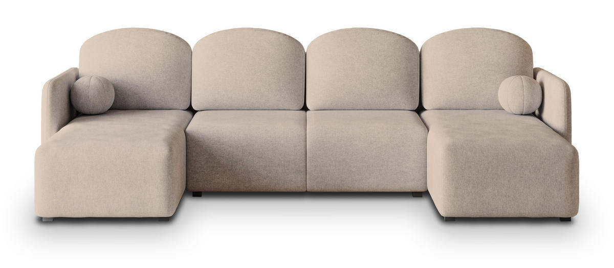 WOHNLANDSCHAFT NUBERO Beige Geflochtener Stoff mit Schlaffunktion - Beige, Holz (285/85/143cm) - MASSENO