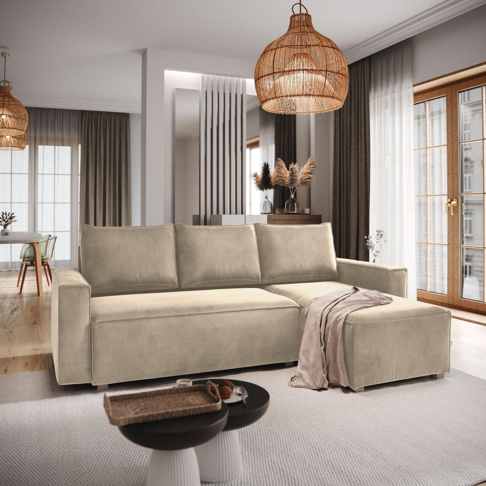 ECKSOFA SILES Creme Velours-Stoff mit Schlaffunktion - Creme, Holz (230/140cm) - MASSENO