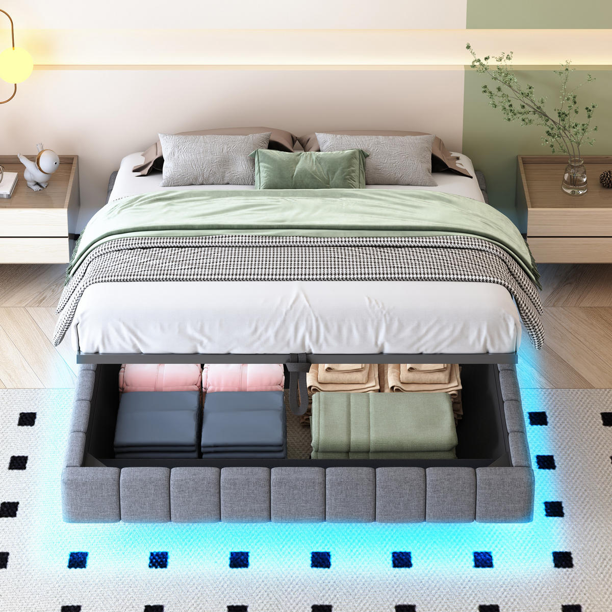 POLSTERBETT 160/200 cm Grau Hydraulischer Schwebebettrahmen mit LED-Beleuchtung - Grau, Textil (160/200cm) - OKWISH