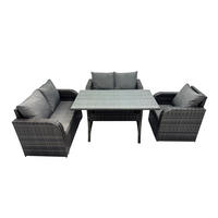 GARTENGARNITUR mit Liegestuhl,Esstisch,2 Hockern Polyrattan Dunkelgrau 5-Sitzer - Dunkelgrau/Grau, Glas/Kunststoff - Fimous