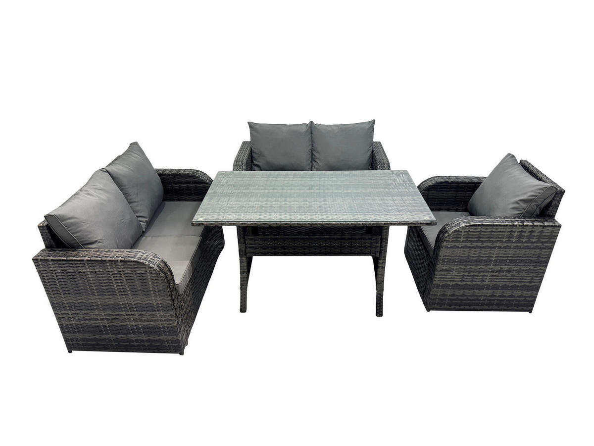 GARTENGARNITUR mit Liegestuhl,Esstisch,2 Hockern Polyrattan Dunkelgrau 5-Sitzer - Dunkelgrau/Grau, Glas/Kunststoff - Fimous