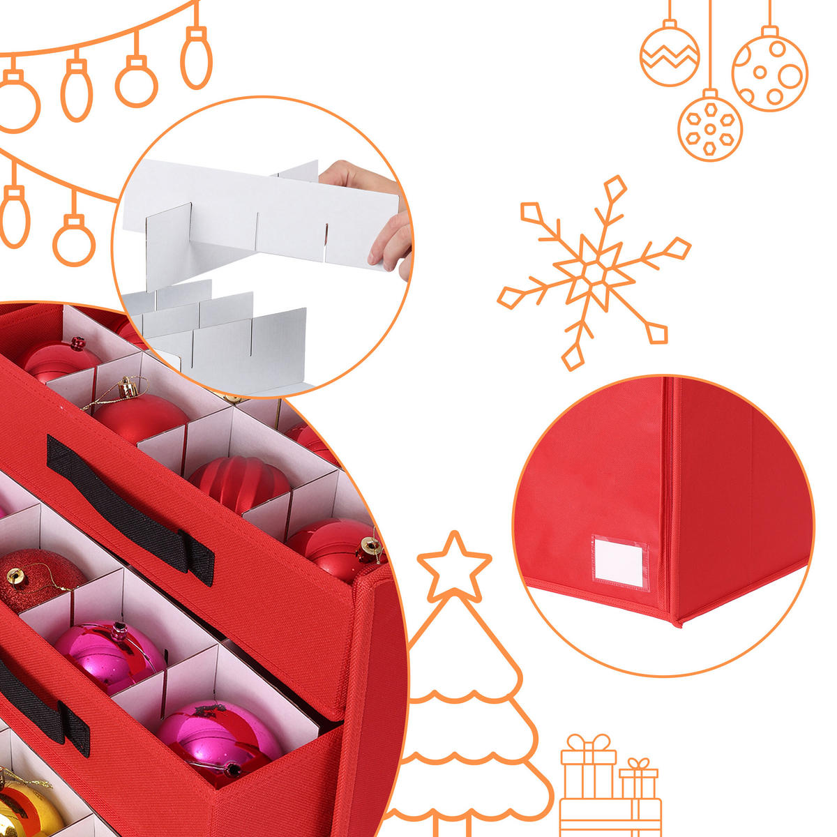 WEIHNACHTSKUGEL-AUFBEWAHRUNGSBOX - Rot, Wellpappe/Textil (73/40/36.5cm) - Relaxdays