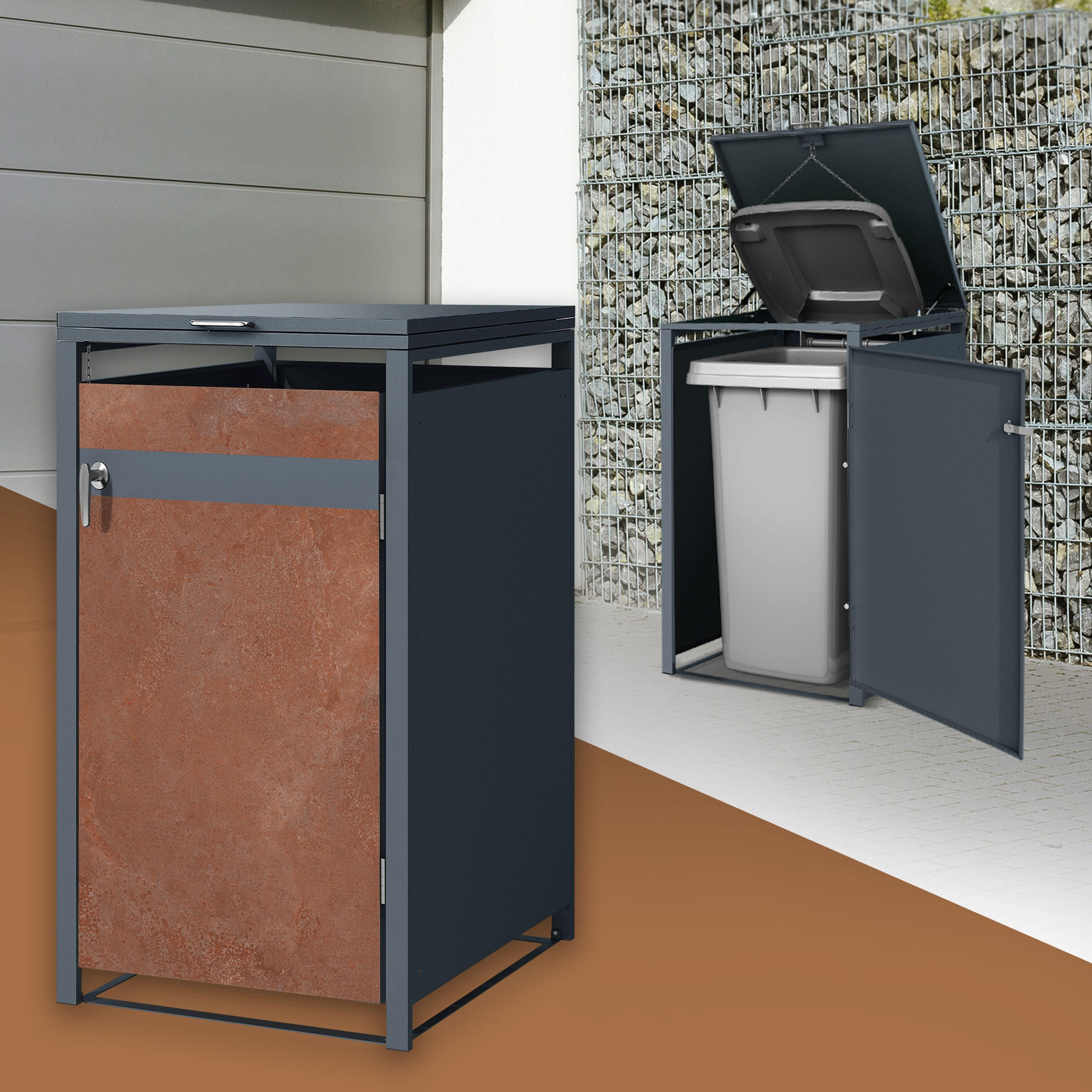 MÜLLTONNENBOX 1er Anthrazit-Rostoptik - Rotbraun, Metall (80/116.3/68cm) - ML-DESIGN