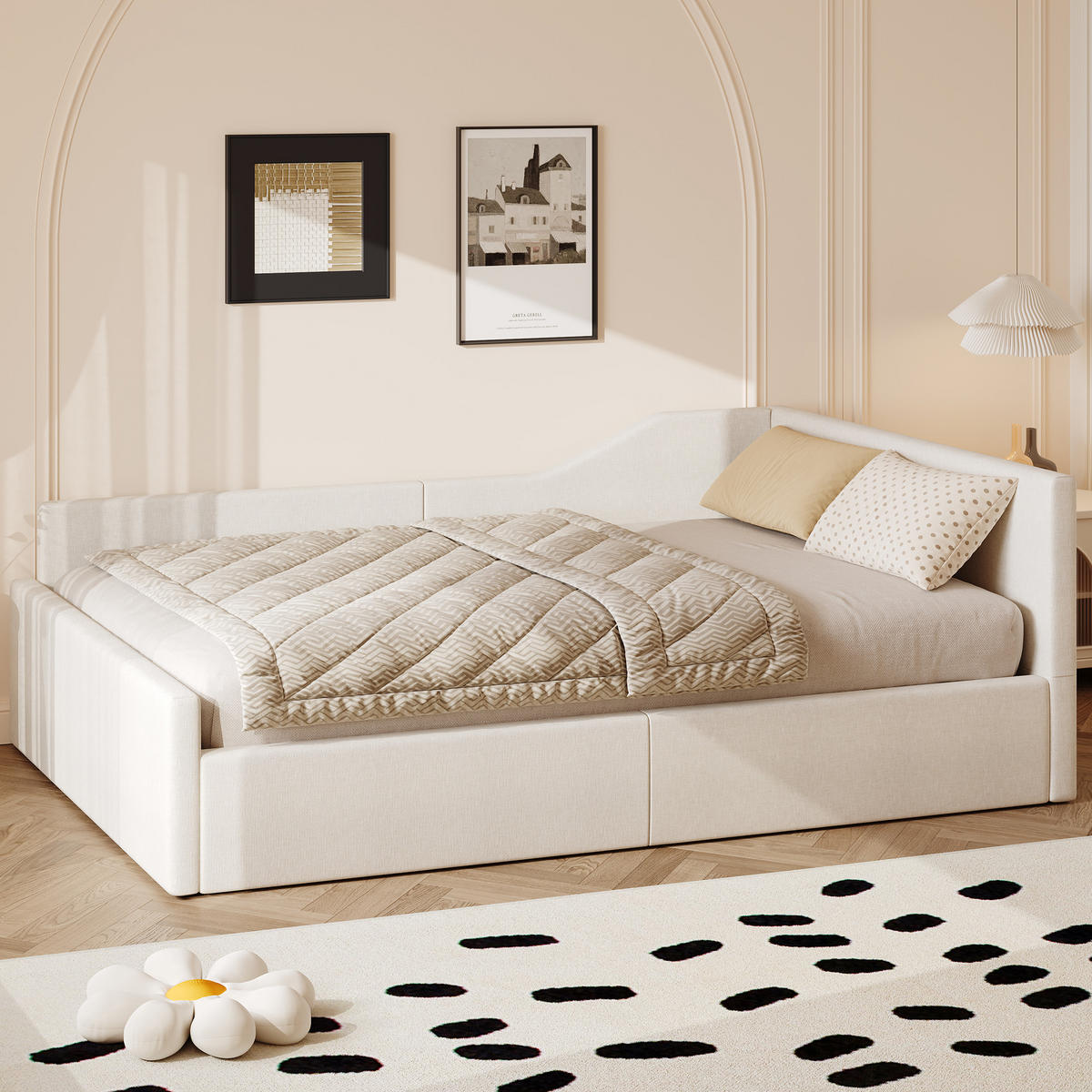 GEPOLSTERTES Tagesbett 140x200 cm aus MDF & Sperrholz mit Unterstauraum, beige - Beige, Holzwerkstoff (140/200cm) - Luhomfu