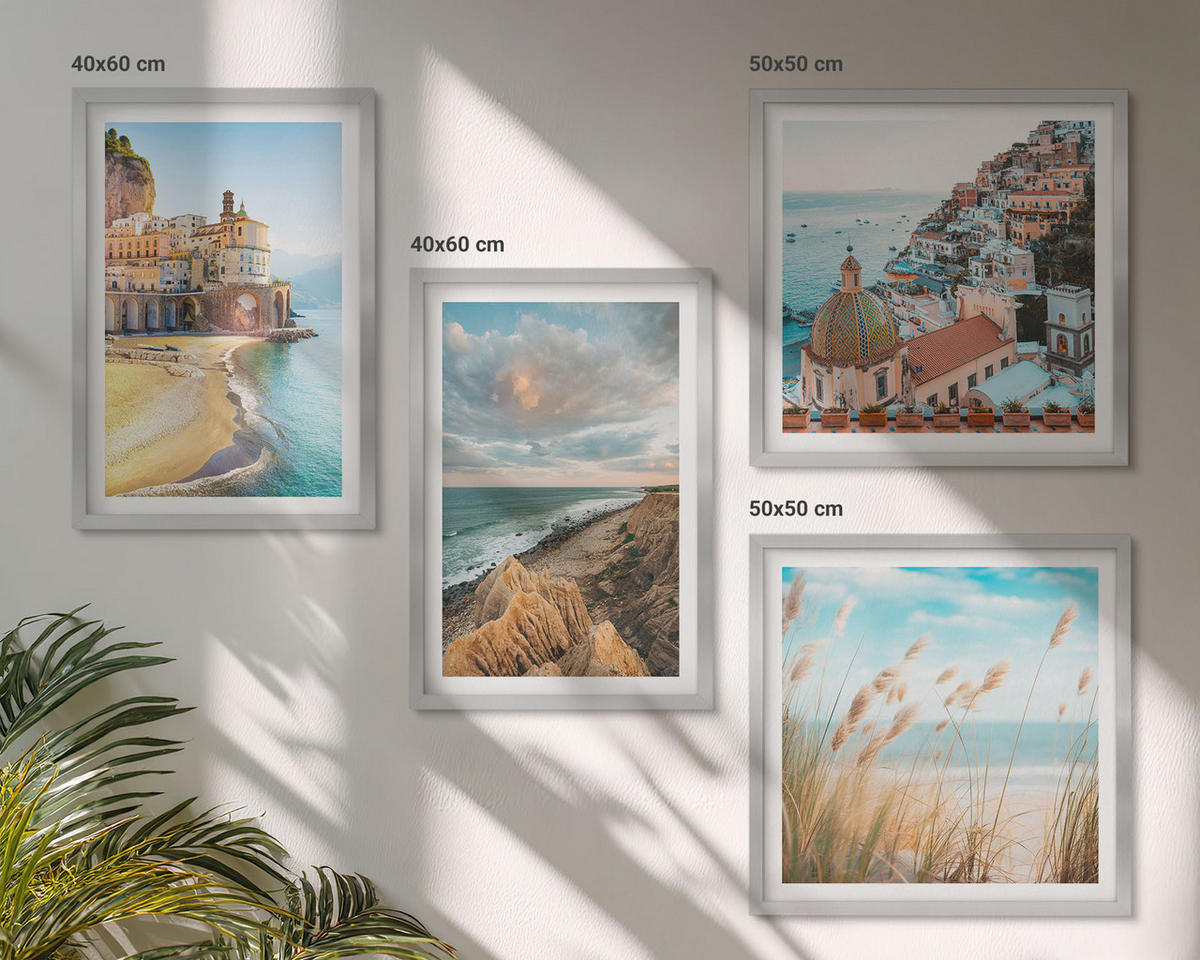 BILDER SET 4er Set - 50x50 cm & 40x60 cm Silberner Rahmen - Landschaften Strand Stadt Klippen - Silberfarben, Kunststoff (50/50cm) - TULUP