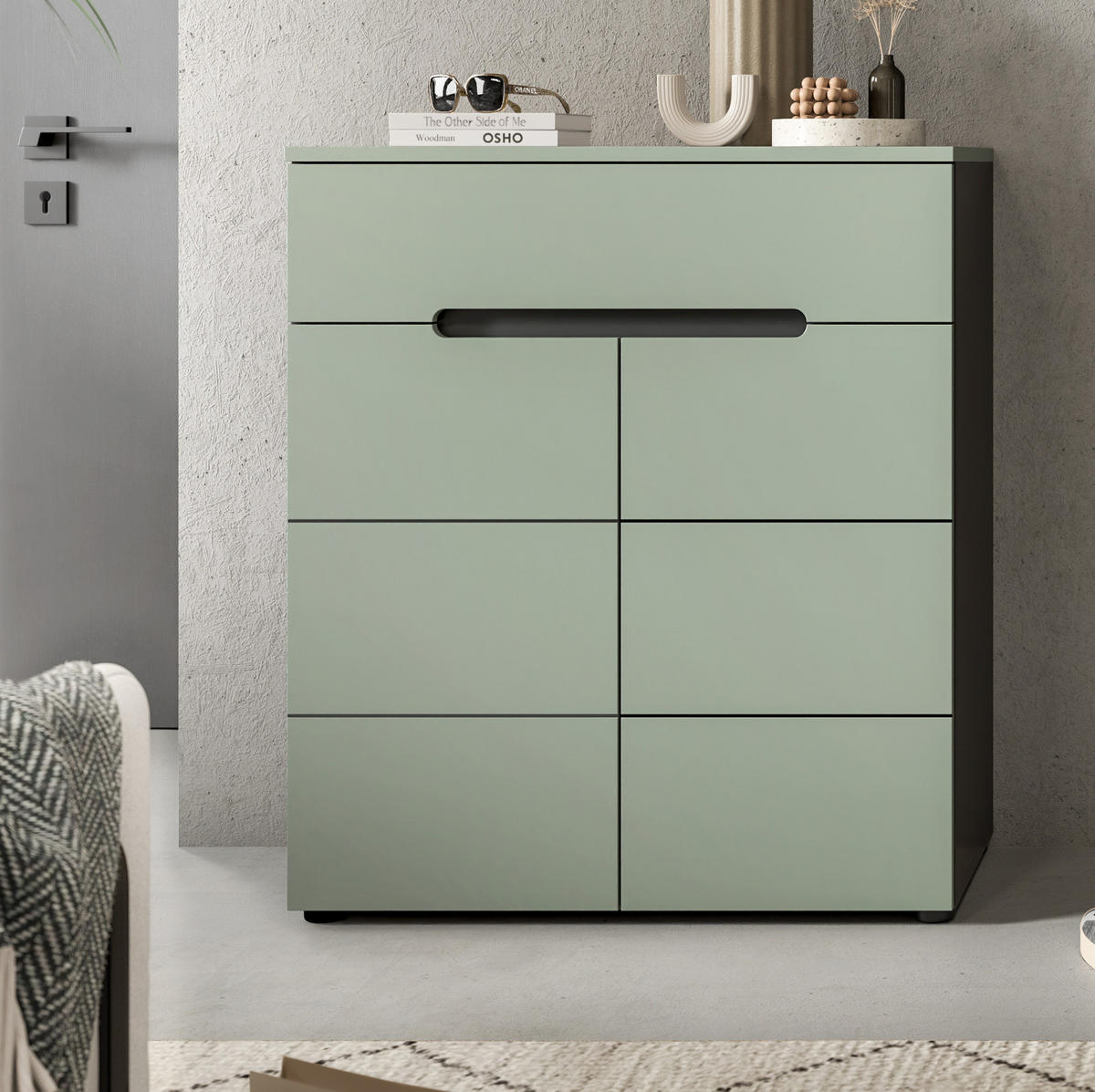 SCHUHKOMMODE Salbei grün, Basalt Grau 80 x 94 cm, Flurkommode mit Soft-Close - Salbeigrün/Schwarz, Holzwerkstoff/Kunststoff (80/94/37cm) - Inn.Furn