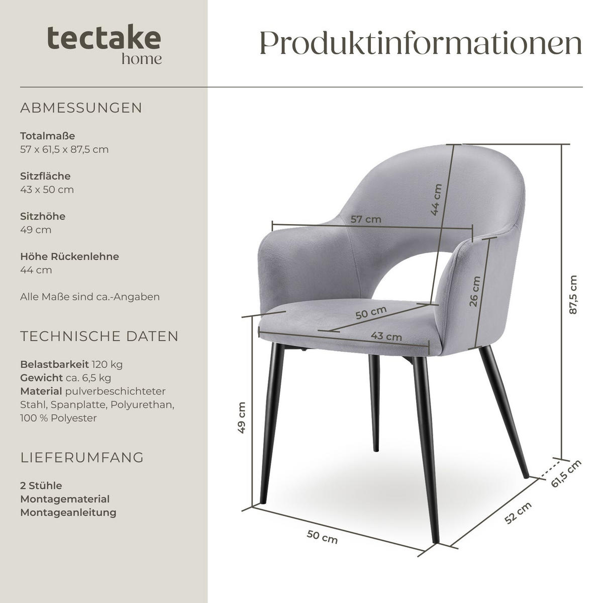 ARMLEHNSTUHL 2er Set Sachel 57 x 61 5 x 87 5 cm hellgrau - Hellgrau, Kunststoff (57/87.5/61.5cm) - tectake