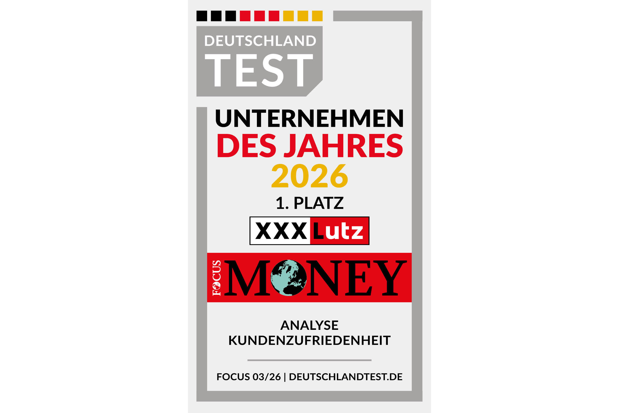 DEUTSCHLAND TEST - UNTERNEHMEN DES JAHRES 2025 1. Platz XXXLutz - MONEY - KUNDENZUFRIEDENHEIT UMFRAGE - FOCUS 03/27 | DEUTSCHLANDTEST.DE