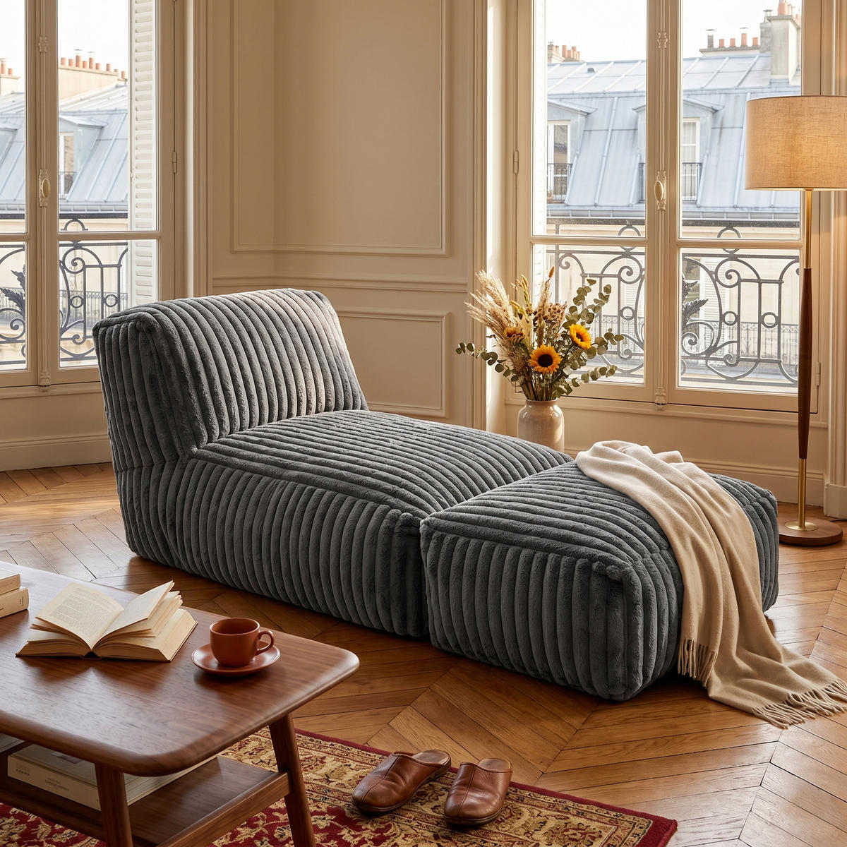 FÅTÖLJ MED PALL i manchester modulär och ergonomiskt stoppad - Mörkgrå, Textil (160/66/80cm) - Urban Meuble