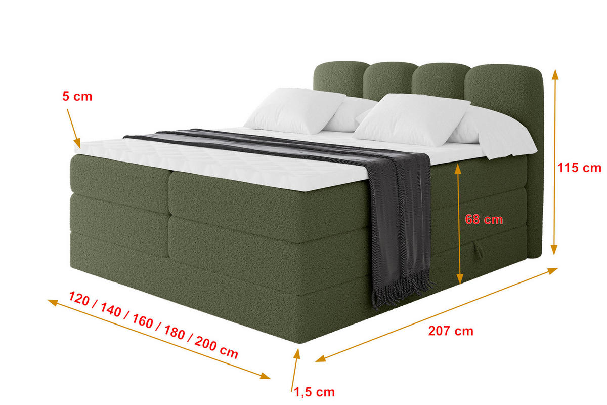 BOXSPRINGBETT mit Matratze H3/H4 - NINA KING - 160x200 cm Grün - Dunkelgrün, Holzwerkstoff (160/200cm) - ALTDECOR