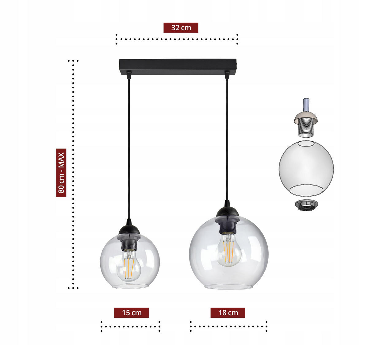 PENDELLEUCHTE HAGEN - Transparent/Schwarz, Glas/Metall (18/30/80cm) - kiki design