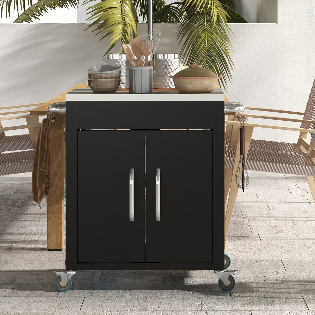 SERVIERWAGEN DE-37999 86/50/86,5 cm mit Schrank und Haken Schwarz - Schwarz, Metall (86/86.5/50cm) - ComfortXL