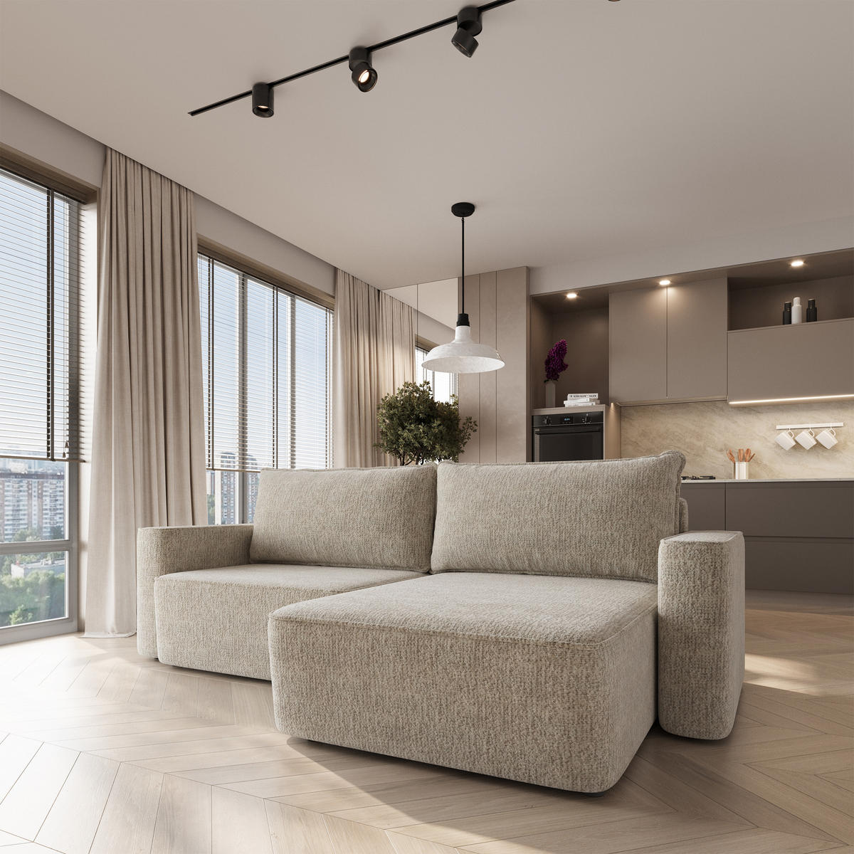 ECKSOFA BELISE BL Creme Chenille mit Schlaffunktion - Creme, Holz/Textil (252/162cm) - MASSENO