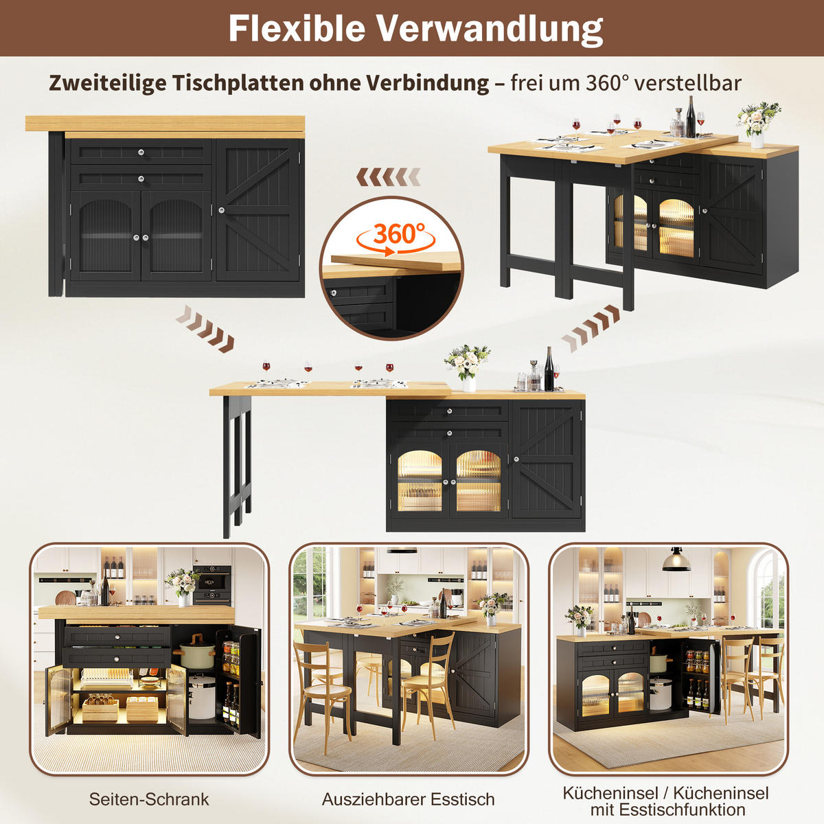 KÜCHENINSEL Ausziehbar 120 194cm 360° Drehbar Glastüren Schwarz - Schwarz, Metall (120/73.5/40cm) - FLIEKS