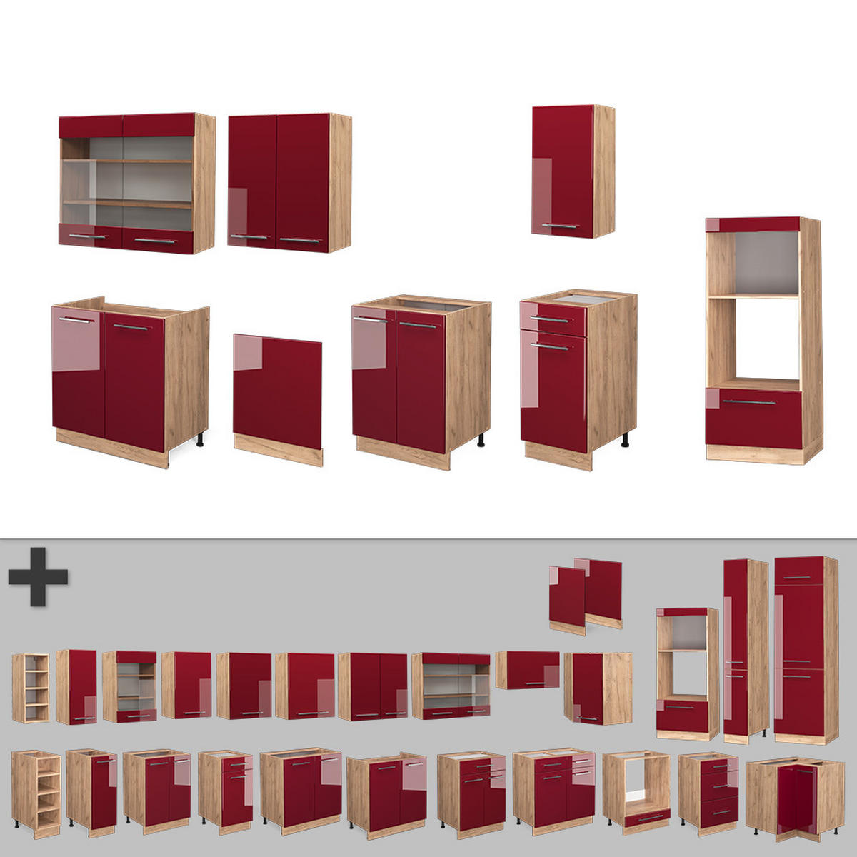 KÜCHENZEILE Fame-Line Bordeaux Hochglanz/Goldkraft Eiche 300 cm AP Anthrazit - Honigeiche/Bordeaux, Holzwerkstoff (300/81.6/60cm) - Vicco