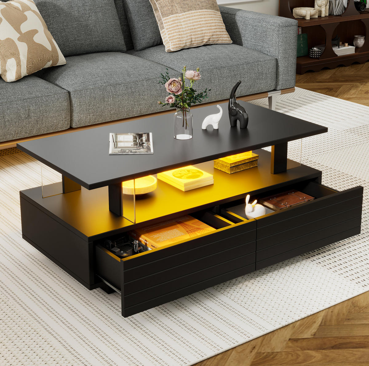 COUCHTISCH 100/50/42 cm schwarz mit LED-Beleuchtung App-Steuerung 2-Schubladen - Schwarz, Holzwerkstoff (100/50/42.5cm) - OKWISH