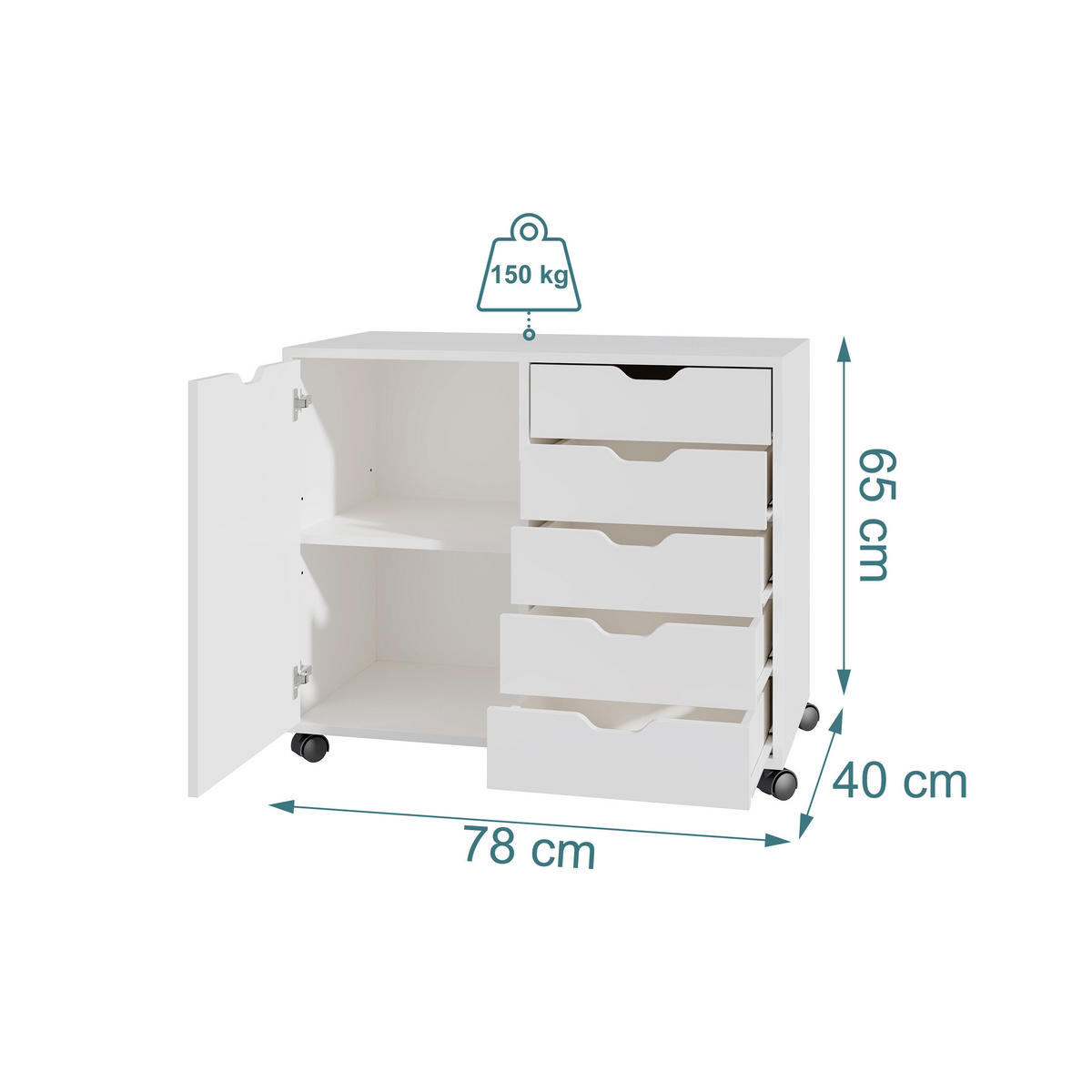 ROLLCONTAINER Weiß mit Rollen 5 Schubladen - Weiß, Holzwerkstoff/Kunststoff (78/65/40cm) - Relaxdays