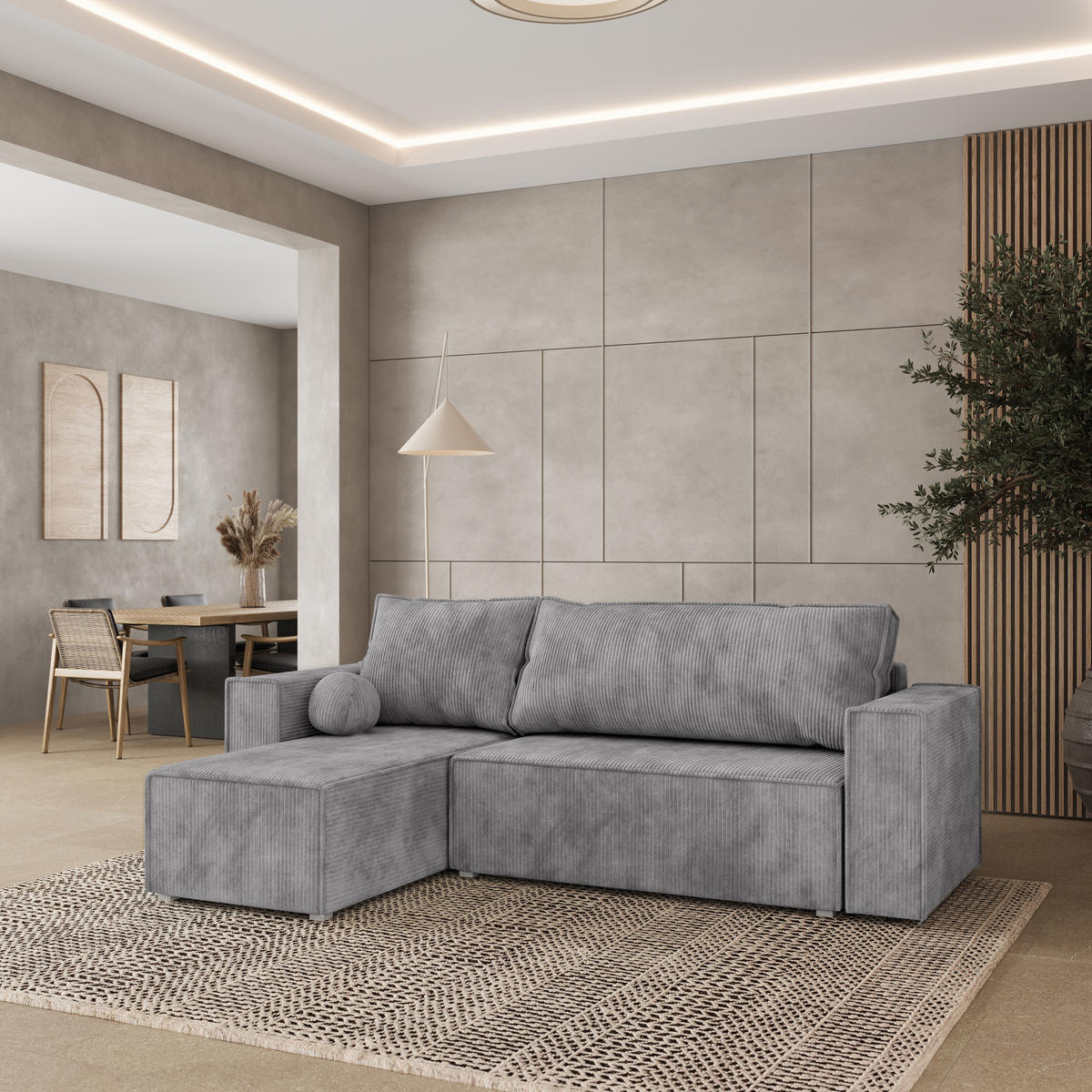 ROHOVÁ SEDAČKA RAVELO světle šedá - šedá/světle šedá, dřevo/textil (240/140cm) - MASSENO